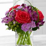 Reference # XX-4949
Starting at $ 53.99

Hot pink roses, purple Peruvian Lilies, lavender mini carnations, green hypericum berries, lily grass blades, and lush greens are brought together to create an incredible flower arrangement. Presented in a clear glass cube vase.