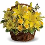 Reference # T27
Starting at $ 52.99
A natural brown basket is packed with yellow lilies, gerberas, roses, button spray chrysanthemums, carnations and delicate greens.