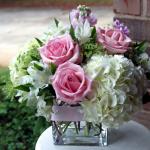 Reference #  JBS 0100
Starting at $ 54.99 

White Hydrangeas with pink roses in clear square vase. 
Better and Best sizes include additional roses .