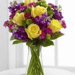 Reference  #  D3-4897
Starting at $ 47.99
he Happy Times™ Bouquet by FTD® employs roses and stock to bring vibrant color and fragrance straight to their door on their special day. Yellow roses, purple stock, green button poms, fuchsia mini carnations & lush greens create a stunning display. .