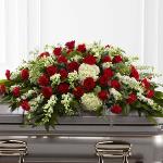 Reference # S16-4467
 Casket Cover from $ 295.00
 Sincerity™ Casket Spray is a wondrous presentation of fresh color and beauty. Rich red roses and carnations are eye-catching and elegant in an arrangement of white hydrangea, larkspur, snapdragons