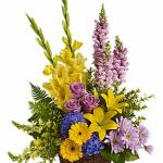 Reference # T218-2A
As shown $ 125.00

This tapestry of colorful flowers includes blooms such as blue hydrangea, lavender roses, yellow asiatic lilies, yellow gerberas, yellow gladioli, yellow and lavender snapdragons, lavender daisies 
