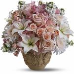 Reference #  T221-1A
As shown $ 129.99 
Container might not be exaxt but similar in style. 
Pink blooms such as hydrangea, roses and alstroemeria are mixed with white flowers including stock, asiatic lilies and white Cremon chrysanthemums.
