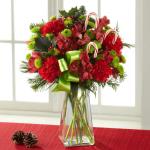 Reference # B13-5130
Starting at 45.99
Frilly red carnations are paired with red Peruvian Lilies surrounded by green button poms, variegated holly, and an assortment of fragrant Christmas greens. Accented with a bright green satin ribbon and classic candy canes.