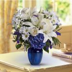Reference #  T209
Starting at  $54.95
Blooms such as blue hydrangea, crème roses, graceful white oriental lilies, white alstroemeria, a white disbud mum, purple statice and lavender limonium are accented by seeded eucalyptus and salal in a stunning cobalt blue glass vase.