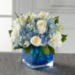 Reference # B19-5143
Starting at $ 42.95
Clouds of blue hydrangea standout amongst the clean white of roses, carnations, and Peruvian Lilies accented with lush greens while seated in a modern blue glass cubed vase. A memorable way to spread peace, light, and love.