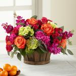 Reference #  C2-5229
Starting at $ 56.99
Orange roses capture the essence of the perfect sunrise offset by hot pink spray roses, hot pink carnations, orange carnations, fuchsia gilly flower, green mini hydrangea, seeded eucalyptus, and lush greens situated in a oval stained basket 