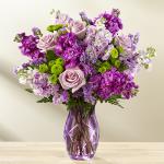 Reference # 17-M5p
Starting at $49.99
Bringing together a collection of purple's finest blooms, this enchanting bouquet offers a combination of the swirling petals of lavender roses, the fragrant stalks of purple and lavender gilly flower, purple statice  with clusters of green button poms.