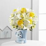 Reference #  BBHD
Starting at $45.99
Bright and sunny yellow roses combine with pale yellow mini carnations, white Peruvian lilies, white Asiatic lilies and a variety of lush greens, all perfectly presented in a light blue ceramic vase hugged by a darling matching blue plush bear.