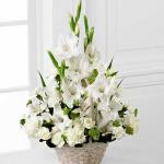 Reference #S7-4450
From $49.50
The FTD® Eternal Affection™ Arrangement is a peaceful offering of heartfelt sympathy. White gladiolus, Peruvian lilies, carnations, mini carnations and lush greens are beautifully arranged in a round whitewash handled basket